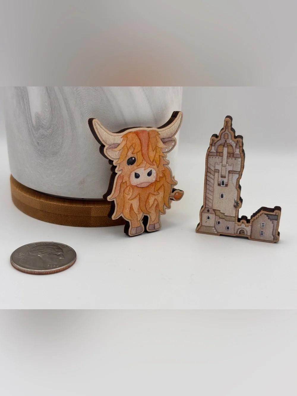 Set of 2 Laser-Cut Wooden Magnets - Scottish Highland Cow and a Castle